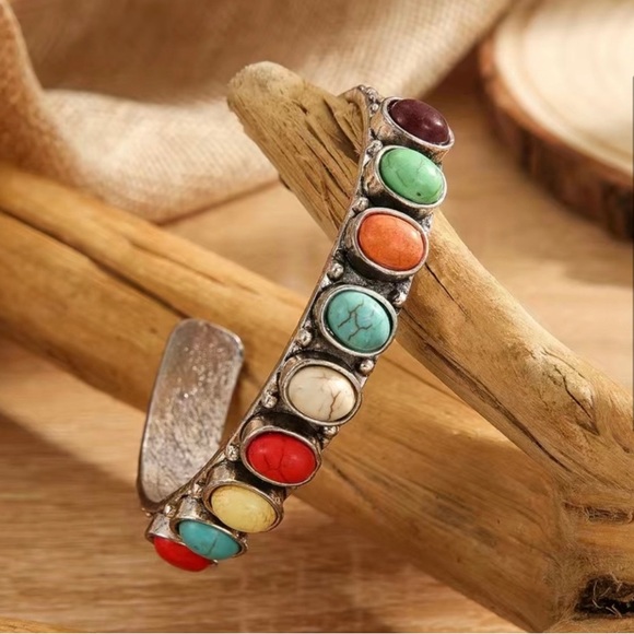 Bohemian Mutli Colored Turquoise Bangle Cuff Bracelet - Picture 2 of 3